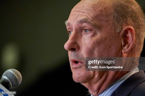 Big Ten Commissioner Jim Delany takes questions during the Big 10 Football Media Days on July 24, 2017 at Hyatt Regency McCormick Place in Chicago,...