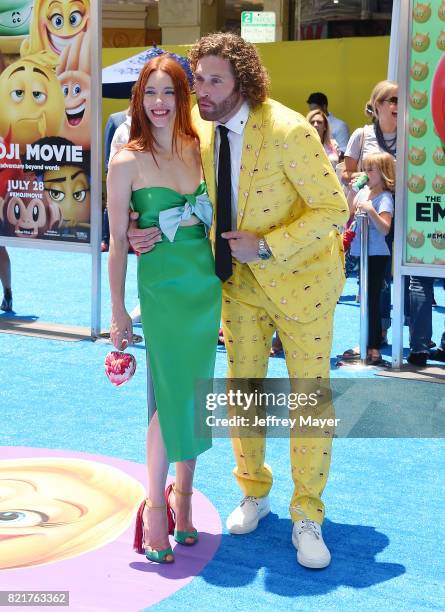 Actors Kate Gorney and T.J. Miller arrive at the Premiere Of Columbia Pictures And Sony Pictures Animation's 'The Emoji Movie' at Regency Village...