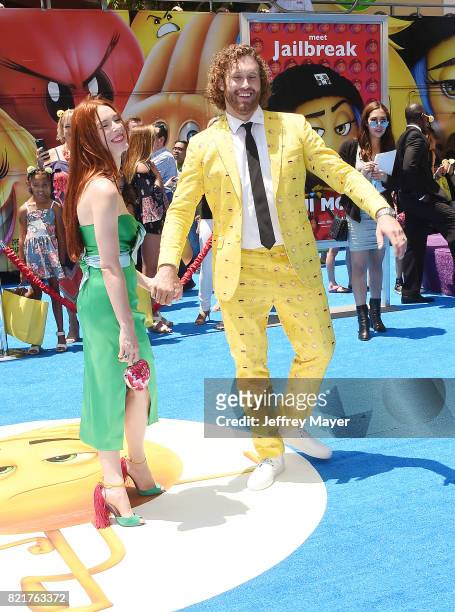 Actors Kate Gorney and T.J. Miller arrive at the Premiere Of Columbia Pictures And Sony Pictures Animation's 'The Emoji Movie' at Regency Village...