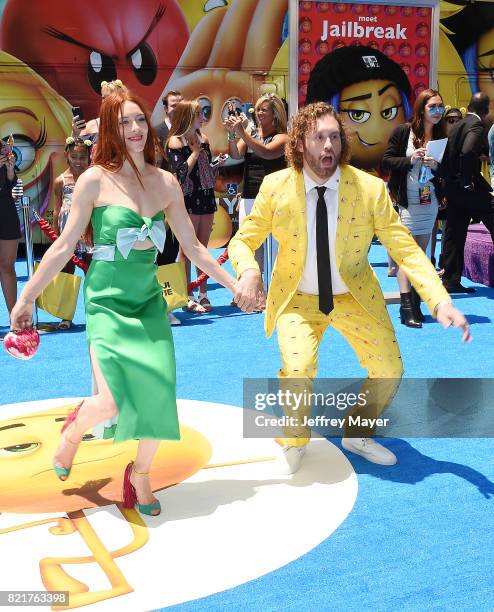 Actors Kate Gorney and T.J. Miller arrive at the Premiere Of Columbia Pictures And Sony Pictures Animation's 'The Emoji Movie' at Regency Village...