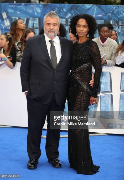 Luc Besson and Virginie Besson-Silla attend the "Valerian And The City Of A Thousand Planets" European Premiere at Cineworld Leicester Square on July...