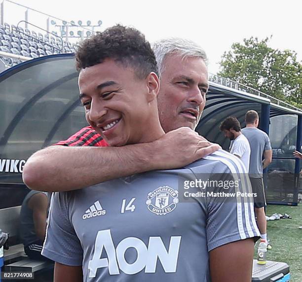 Manager Jose Mourinho and Jesse Lingard of Manchester United in action during a first team training session as part of their pre-season tour of the...