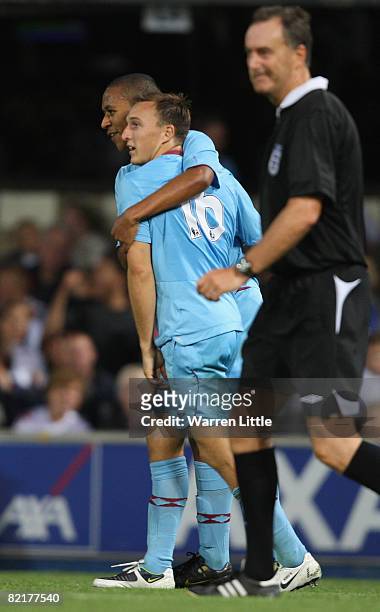 Mark Noble of West Ham United celebrates scoring a great team goal during the Pre Season Friendly match between Ipswich Town and West Ham United at...