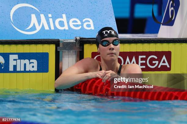 Kathleen Dawson of Great Britain competes in the women's 100m Backstroke on day eleven of the FINA World Championships at the Duna Arena on July 24,...