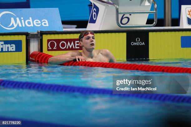 Duncan Scott of Great Britain competes in the Men's 100m Freestyle semi final on day eleven of the FINA World Championships at the Duna Arena on July...