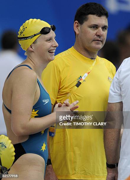 Australia's Liesel Jones jokes during a training session at the national aquatics center in preparation for the upcoming Beijing Olympic Games 2008...