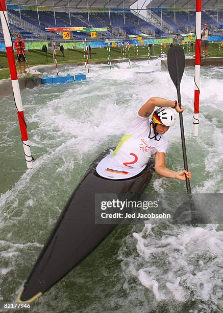 Kayaker, Jennifer Bongardt of Germany practices on the canoe/kayak slalom course at the Shunyi Olympic Rowing-Canoeing Park ahead of the Beijing 2008...