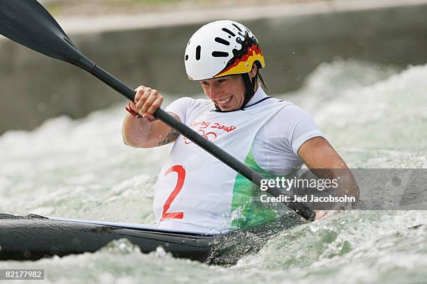 Kayaker, Jennifer Bongardt of Germany practices on the canoe/kayak slalom course at the Shunyi Olympic Rowing-Canoeing Park ahead of the Beijing 2008...