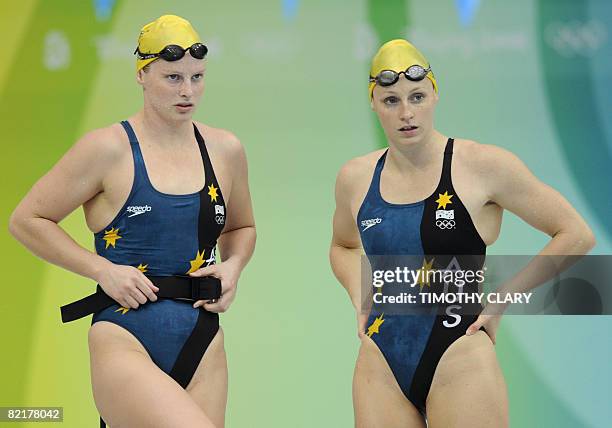 Australia's Liesel Jones and Bronte Barratt take part in a training session at the national aquatics center in preparation for the upcoming 2008...