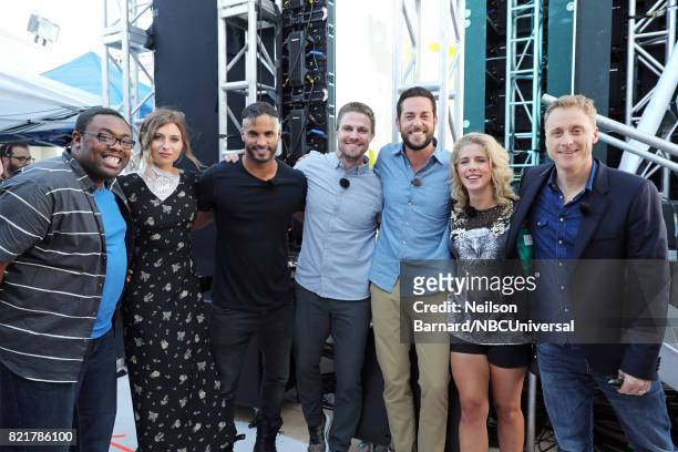 Friday, July 21st, 2017 -- Pictured: Andre Meadows, Aly Michalka, Ricky Whittle, Stephen Amell, Zachary Levi, Emily Bett Rickards, and Alan Tudyk --