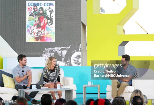 Friday, July 21st, 2017 -- Pictured: Stephen Amell, Emily Bett Rickards, and Zachary Levi --