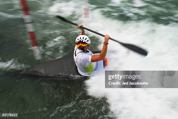 Jennifer Bongardt of Germany practices on the K1 kayak slalom course at the Shunyi Olympic Rowing-Canoeing Park ahead of the Beijing 2008 Olympic...