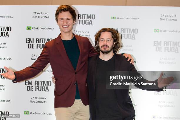 Ansel Elgort and Edgar Wright attend the "Baby Driver" photocall at Grand Hyatt on July 24, 2017 in Sao Paulo, Brazil.