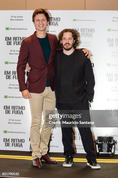 Ansel Elgort and Edgar Wright attend the "Baby Driver" photocall at Grand Hyatt on July 24, 2017 in Sao Paulo, Brazil.