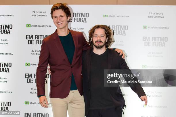 Ansel Elgort and Edgar Wright attend the "Baby Driver" photocall at Grand Hyatt on July 24, 2017 in Sao Paulo, Brazil.