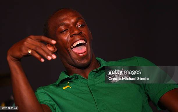 Sprinter Usain Bolt of Jamaica attends a Puma press conference ahead of the Beijing 2008 Olympic Games on August 5, 2008 in Beijing, China.