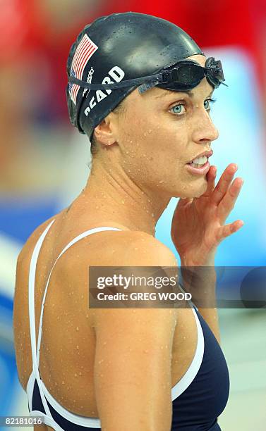 Amanda Beard of the US attends a swim training session at the National Aquatics Center, which is also known as the Water Cube, in preperation for the...