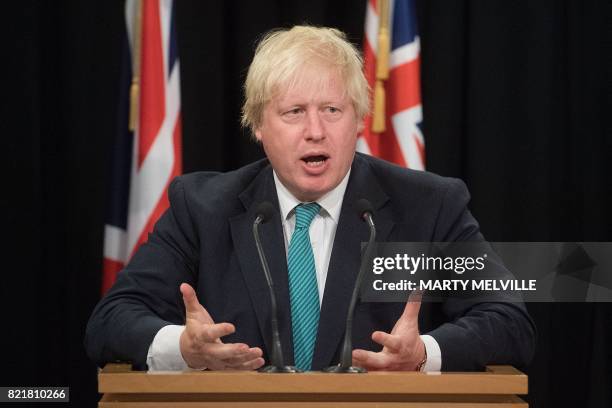 Britain's Foreign Secretary Boris Johnson speaks to the media during a joint press conference with New Zealand's Foreign Minister Gerry Brownlee at...