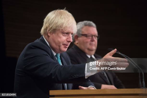 Britain's Foreign Secretary Boris Johnson speaks to the media during a joint press conference with New Zealand's Foreign Minister Gerry Brownlee at...