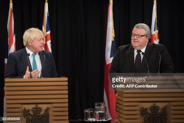Britain's Foreign Secretary Boris Johnson speaks to the media during a joint press conference with New Zealand's Foreign Minister Gerry Brownlee at...