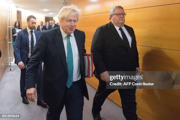 Britain's Foreign Secretary Boris Johnson arrives at a joint press conference with New Zealand's Foreign Minister Gerry Brownlee at Parliament in...