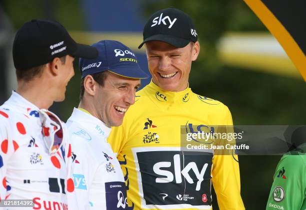 Best climber Warren Barguil of France and Team Sunweb, best young rider Simon Yates of Great Britain and Orica-Scott, winner Christopher Froome of...