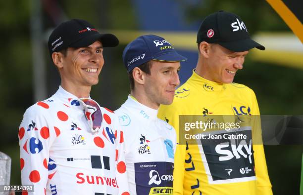 Best climber Warren Barguil of France and Team Sunweb, best young rider Simon Yates of Great Britain and Orica-Scott, winner Christopher Froome of...