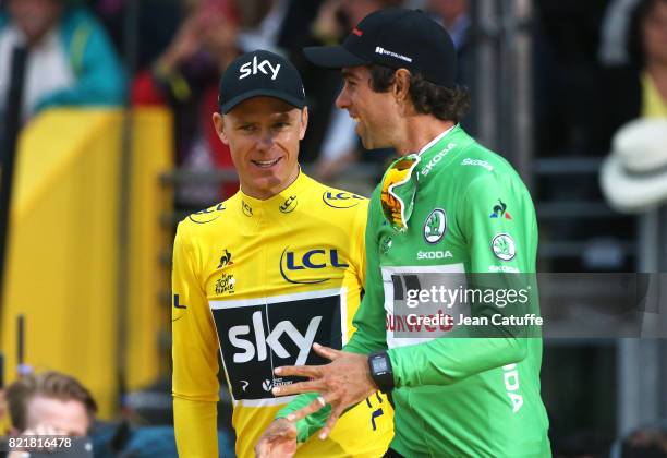 Winner Christopher Froome of Great Britain and Team Sky, best sprinter Michael Matthews of Australia and Team Sunweb during the trophy ceremony...