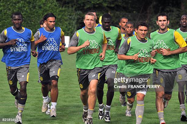 Nantes' football club players Jean-Jacques Pierre , Thomas Dossevi, Michael Gravgaard, Guirane N'Daw, Mathias Coureur, Claudiu Keseru and Loic...