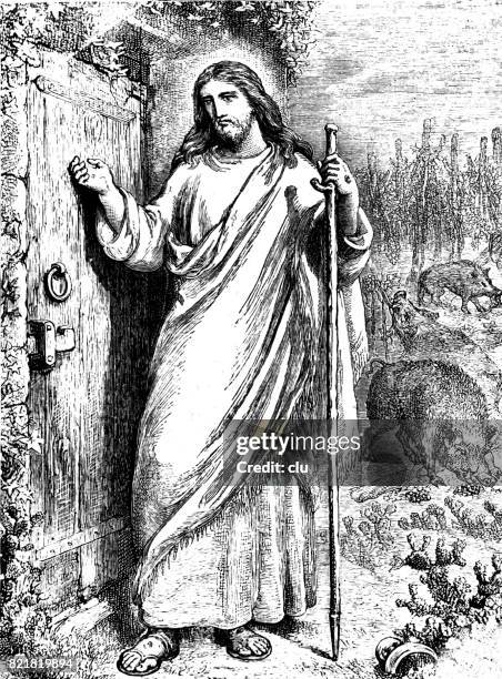 illustrazioni stock, clip art, cartoni animati e icone di tendenza di gesù bussa alla porta - bussare
