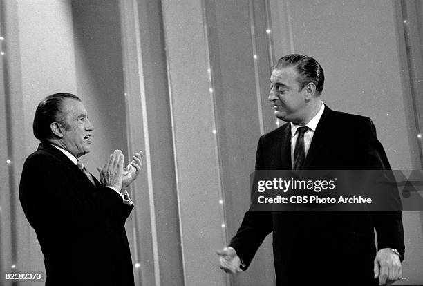 American television show host Ed Sullivan applaudes comedian and actor Rodney Dangerfield on an epsiode of 'The Ed Sullivan Show,' New York, New...