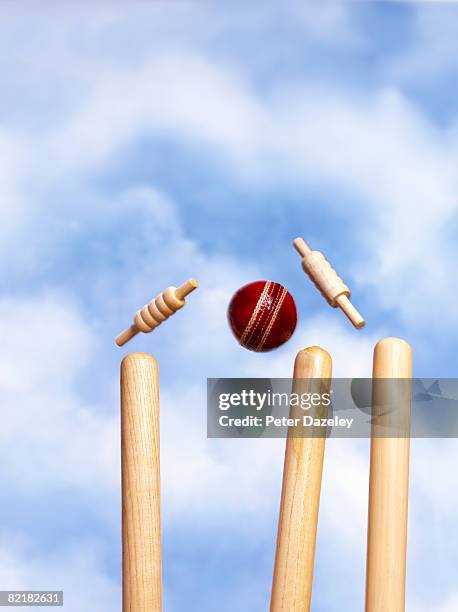 wickets being knocked of stumps against blue sky - baliza-de-críquete imagens e fotografias de stock