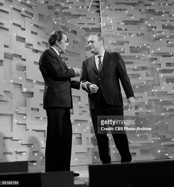 American television show host Ed Sullivan with comedian and actor Rodney Dangerfield on an epsiode of 'The Ed Sullivan Show,' New York, New York,...