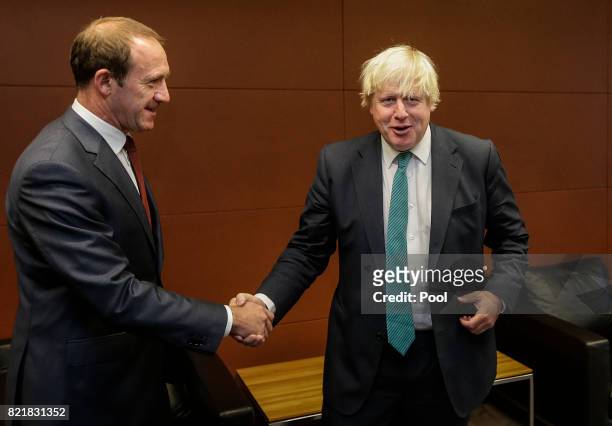 Foreign secretary Boris Johnson shakes hands with Labour leader Andrew Little at Parliament on July 25, 2017 in Wellington, New Zealand. The British...