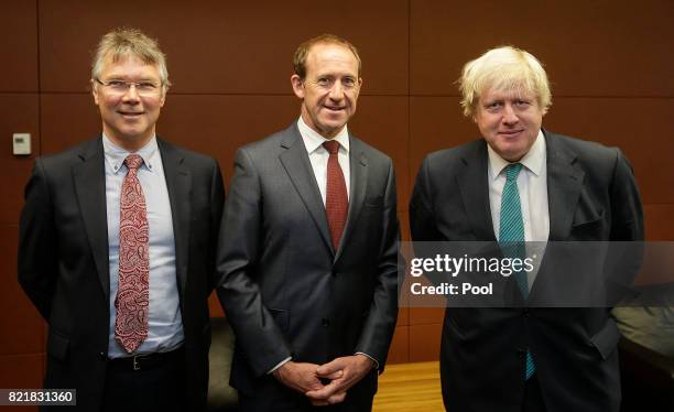 Foreign secretary Boris Johnson meets Labour leader Andrew Little and Labour foreign affairs spokesman David Parker at Parliament on July 25, 2017 in...