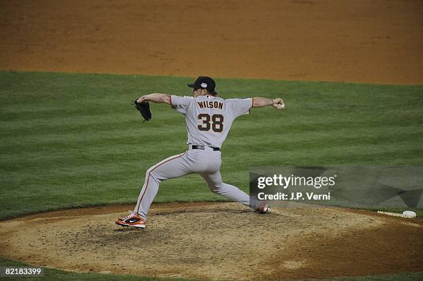 Brian Wilson of the San Francisco Giants pitches during the 79th MLB All-Star Game at the Yankee Stadium in the Bronx, New York on July 15, 2008. The...