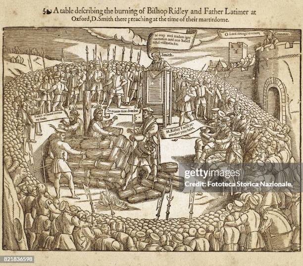 Descriptive table of the execution of Bishop Nicholas Ridley and Father Hugh Latimer preacher, reformer, condemned by Mary Tudor to die at the stake...