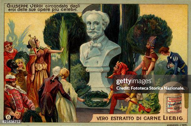 Giuseppe Verdi represented as a bust surrounded by the characters of his most famous works. On the left: Falstaff, Othello, Aida, La Traviata and Don...