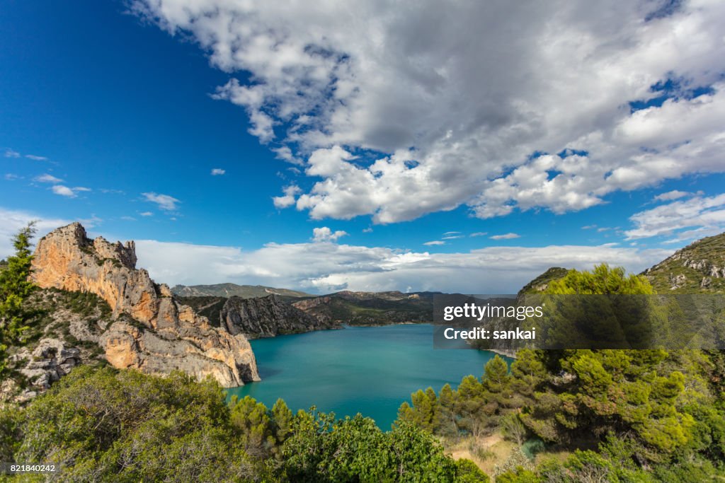 Paisaje de verano hermoso del lago en las montañas