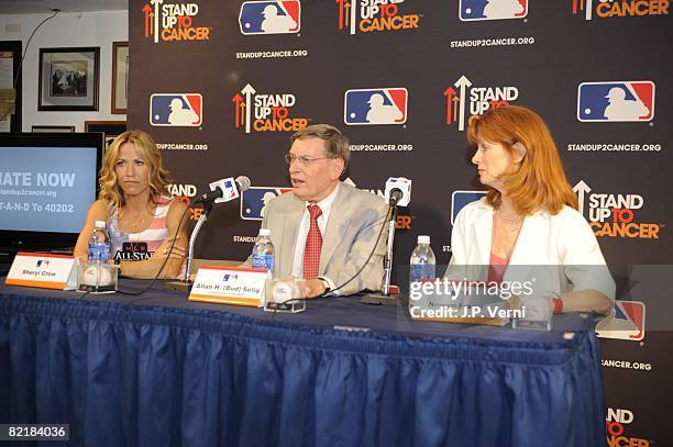 Sheryl Crow, MLB Commissioner Allan "Bud" Selig and Noreen Fraser of the Noreen Fraser Foundation look on during the MLB All-Star Game Press...