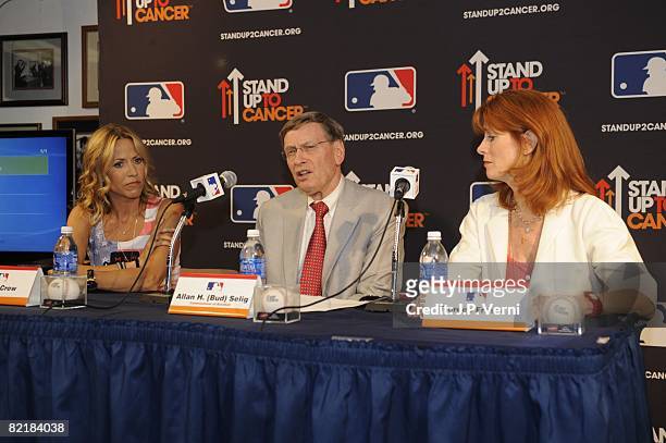 Sheryl Crow, MLB Commissioner Allan "Bud" Selig and Noreen Fraser of the Noreen Fraser Foundation look on during the MLB All-Star Game Press...
