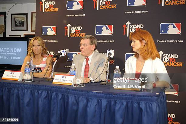 Sheryl Crow, MLB Commissioner Allan "Bud" Selig and Noreen Fraser of the Noreen Fraser Foundation look on during the MLB All-Star Game Press...