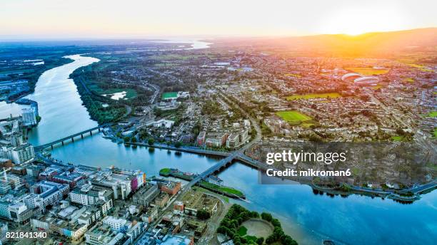 aerial view of limerick city centre at sunset time,  ireland. - limerick city stock-fotos und bilder