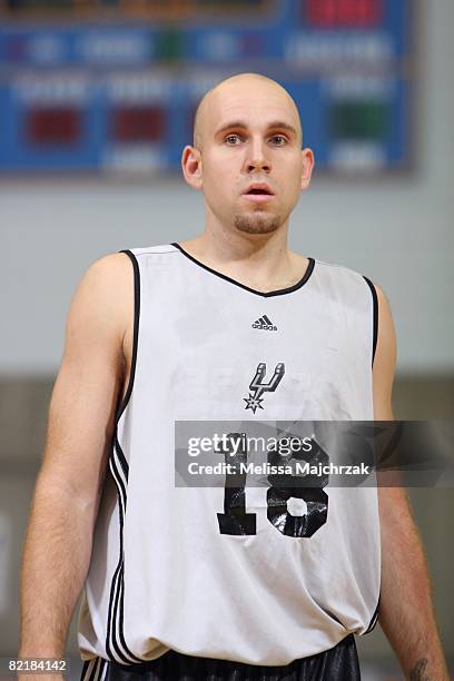 Brian Morrison of the San Antonio Spurs looks on during a game against the Atlanta Hawks at the Rocky Mountain Review Summer League at the Salt Lake...