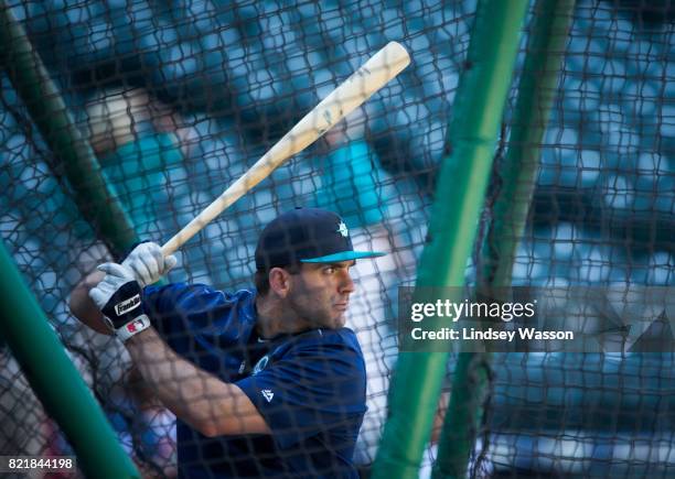 Danny Espinosa of the Seattle Mariners prepares to swing during batting practice before the game against the Boston Red Sox at Safeco Field on July...