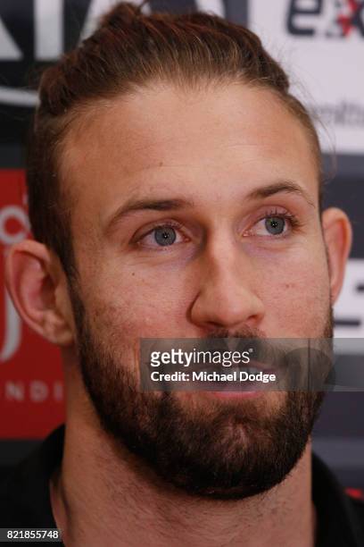 Cale Hooker speaks to media during an Essendon Bombers AFL media session at the Essendon Football CLub on July 25, 2017 in Melbourne, Australia.