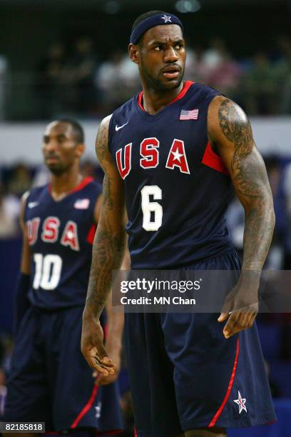 LeBron James of the USA Basketball Men's Senior National Team looks on during the USA Basketball International Challenge exhibition game against the...