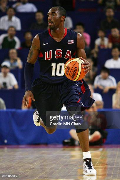 Kobe Bryant of the USA Basketball Men's Senior National Team dribbles during the USA Basketball International Challenge exhibition game against the...