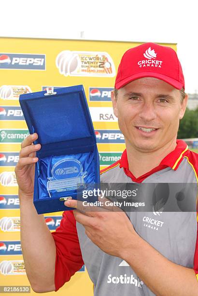 Canada's Steve Welsh with his Man of the Match trophy after the Canada v Bermuda ICC Twenty20 World Cup Qualifying match on August 5, 2008 at...