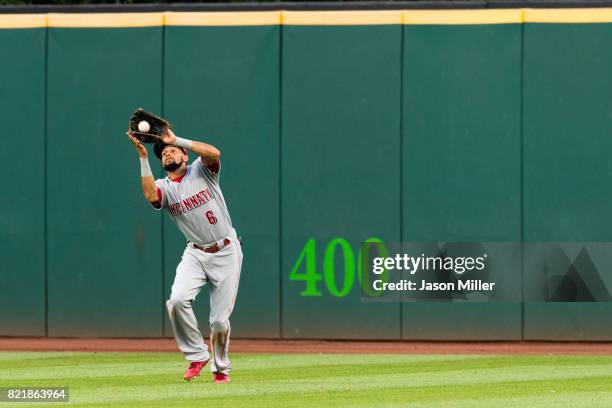 Center fielder Billy Hamilton of the Cincinnati Reds catches a fly ball off the bat of Michael Brantley of the Cleveland Indians during the fourth...